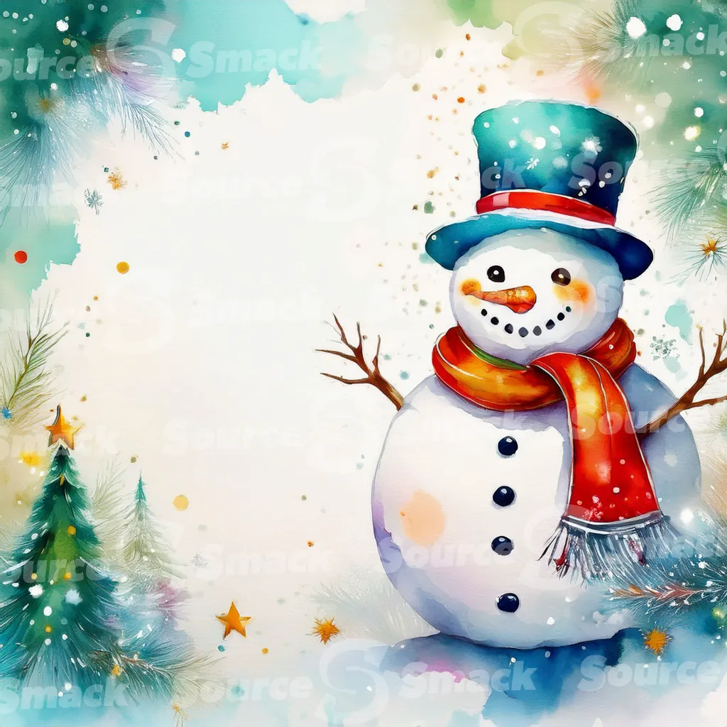 A watercolor painting depicting a cute snowman in winter scene with an assortment of seasonal elements with copy space
