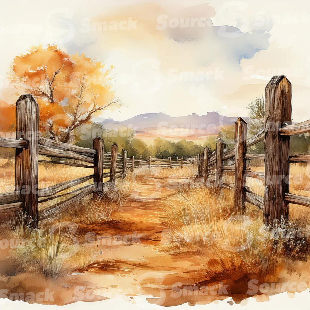 A dirt path winds through a grassy field, bordered by a weathered wooden fence with dark brown posts and horizontal planks with copy space
