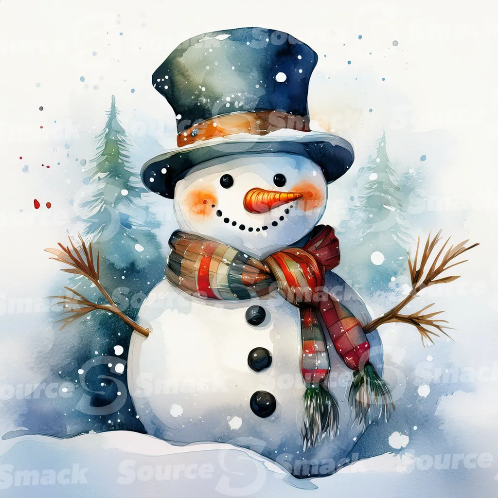 A painting of a cute snowman against stylized pine branches and delicate spots of watercolor paint that create a snowy background.