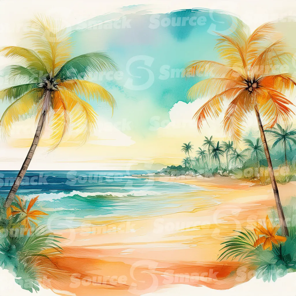 Tropical beach with waves and palm trees with copy space