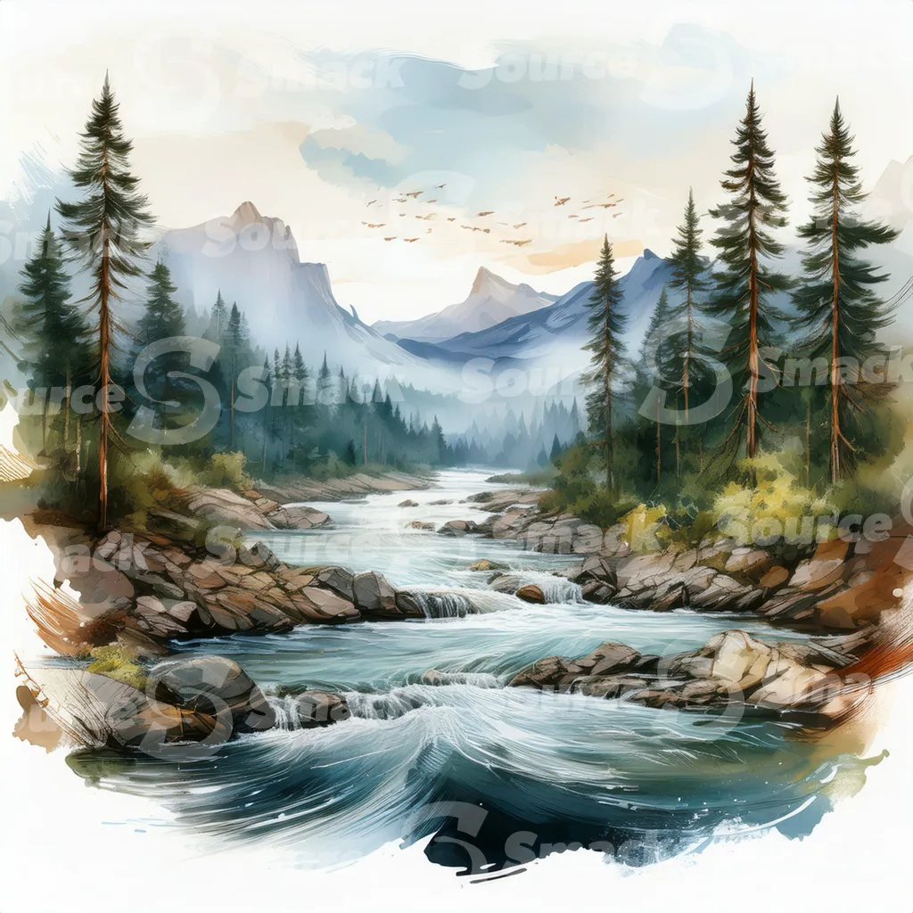 A serene watercolor painting depicts a meandering river flowing through a mountain valley at sunset, surrounded by lush evergreens and rocky banks