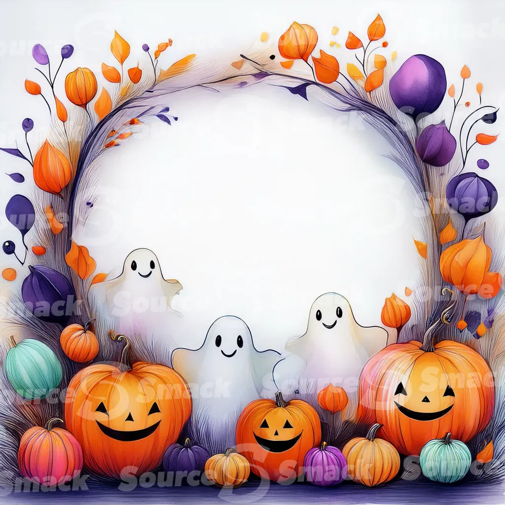 Halloween-themed illustration featuring smiling jack-o'-lanterns, friendly ghosts, and bats with copy space.