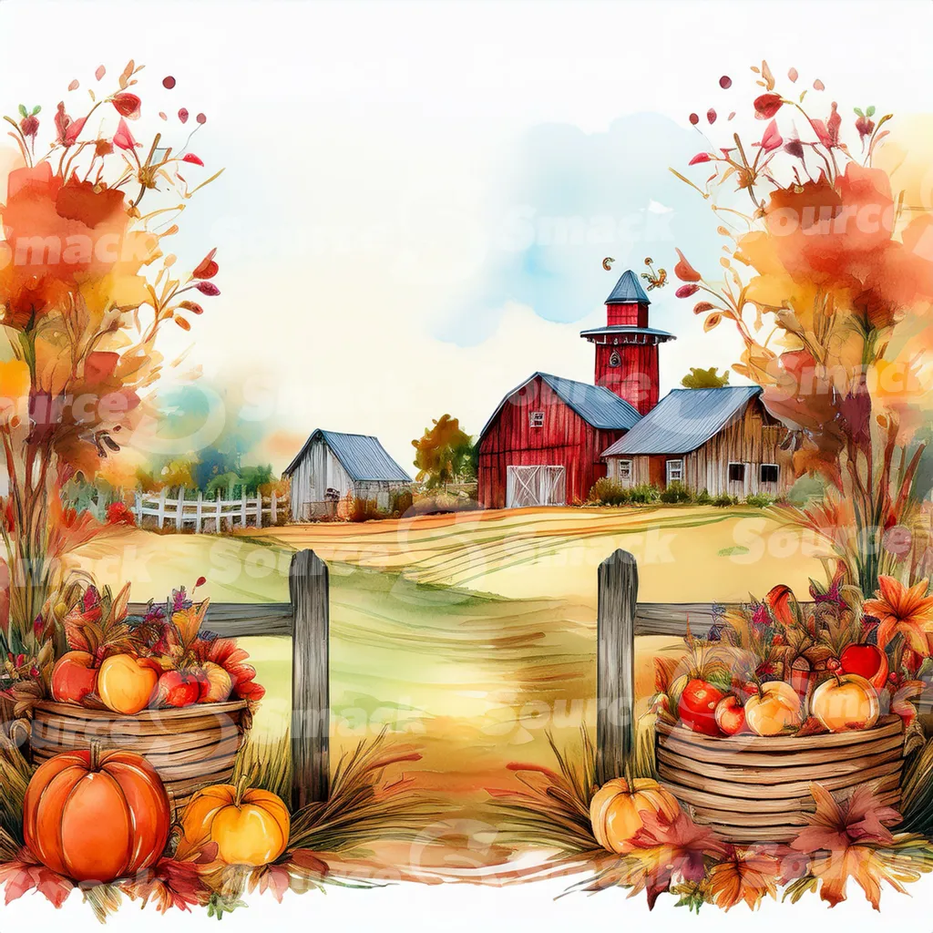 Rustic barn in autumn with a fence and apples and pumpkins