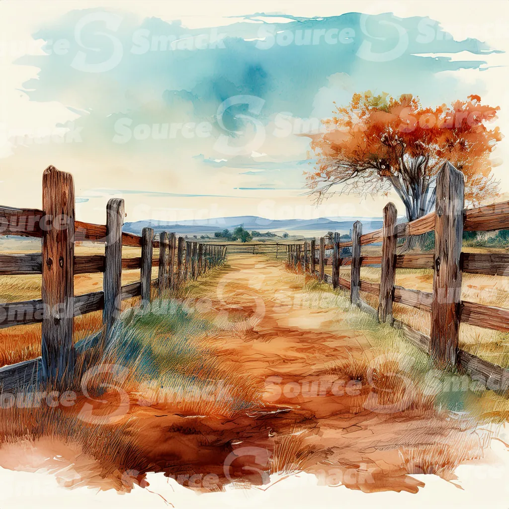 A dirt path winds through a grassy field, bordered by a weathered wooden fence with dark brown posts and horizontal planks with copy space