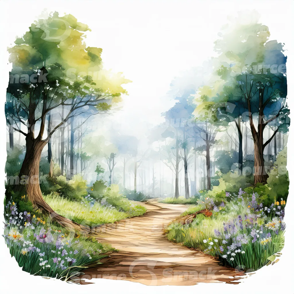 A watercolor painting depicts a pathway winding through a lush forest.