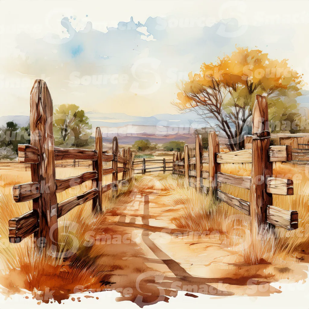 A dirt path winds through a grassy field, bordered by a weathered wooden fence with dark brown posts and horizontal planks with copy space