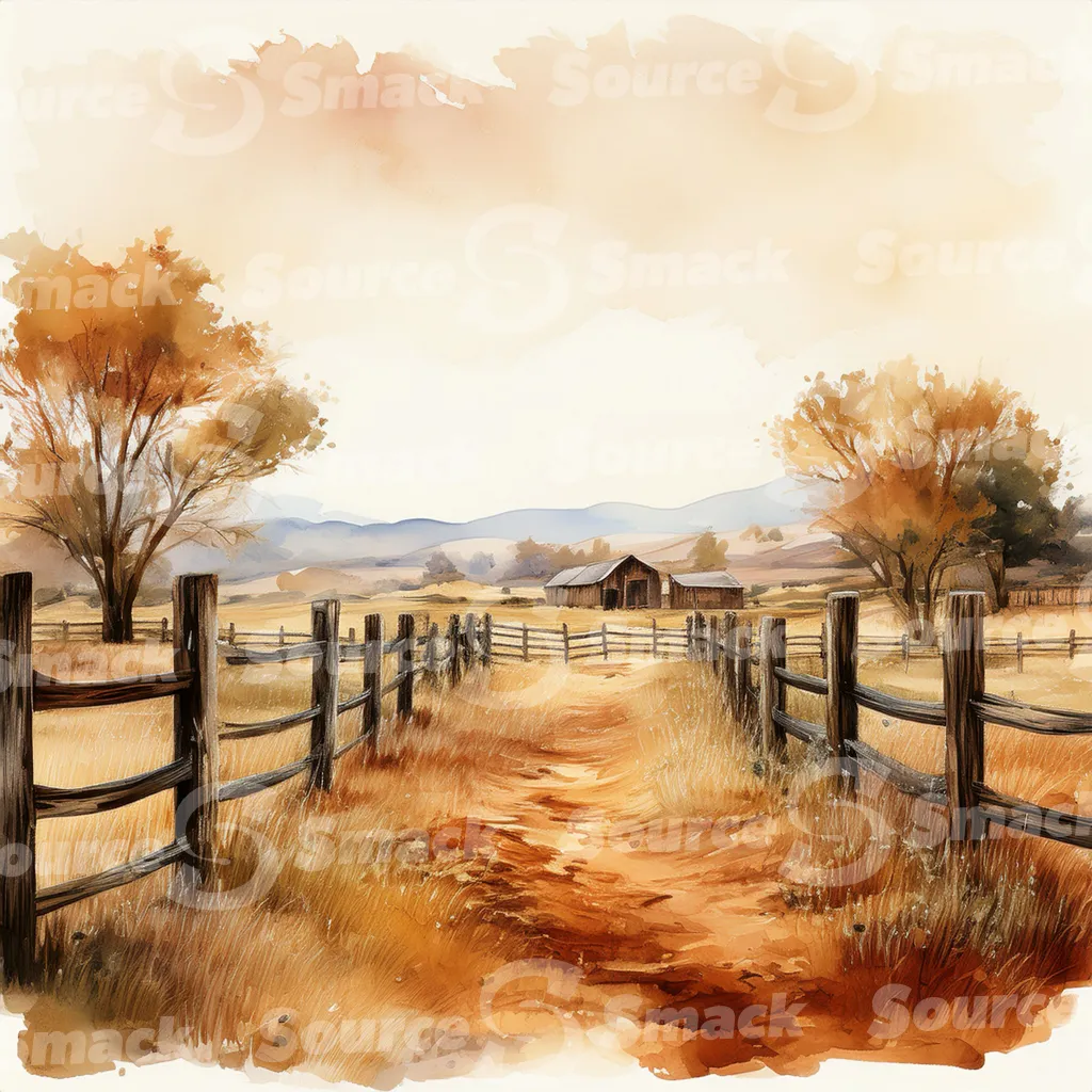 A dirt path winds through a grassy field, bordered by a weathered wooden fence with dark brown posts and horizontal planks with copy space