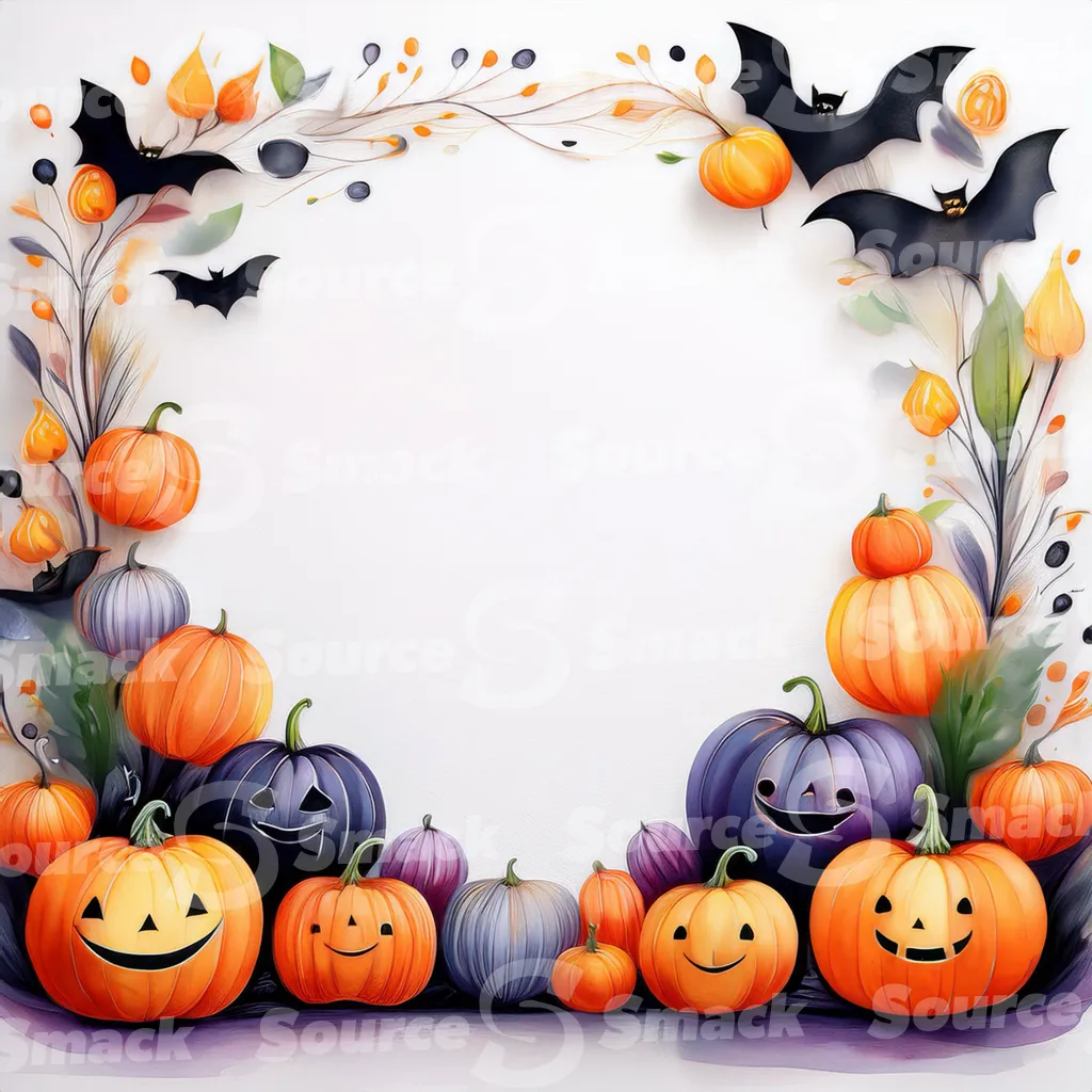 Halloween-themed illustration featuring smiling jack-o'-lanterns, friendly ghosts, and bats with copy space.
