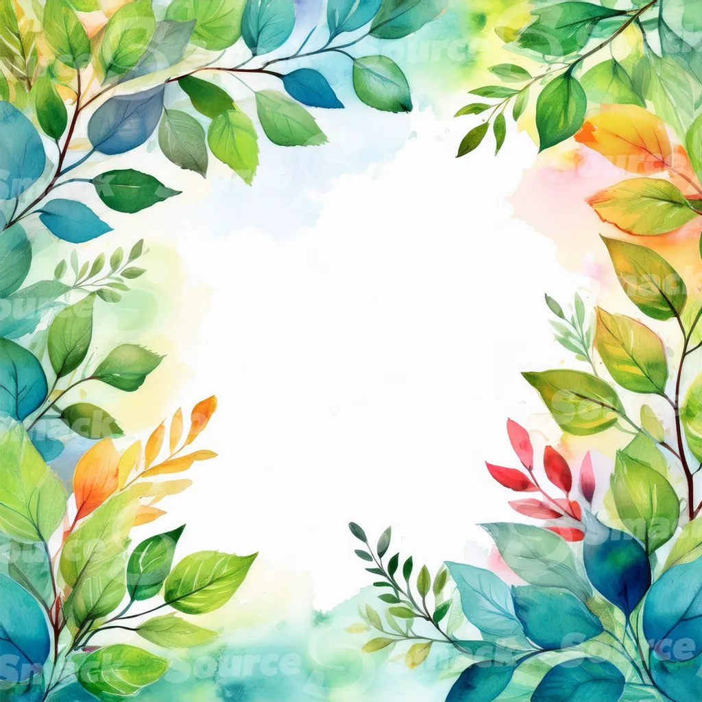 A watercolor-style illustration, featuring stylized tree branches and leaves in various shades of autumnal colors with copy space