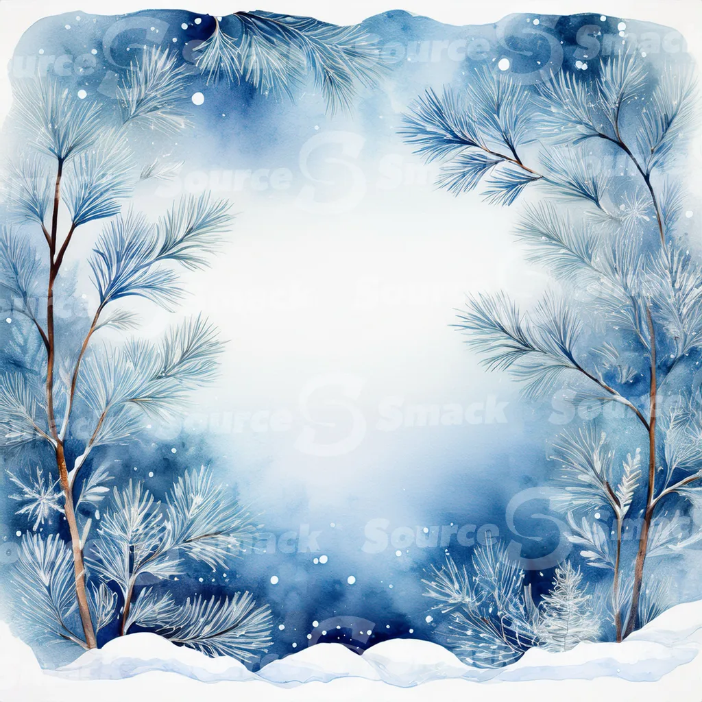 A winter forest scene of snow. Small, frosted bushes and branches are scattered across the snow with copy space.