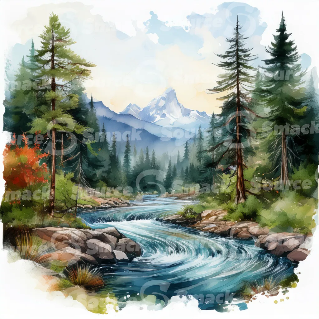 A serene watercolor painting depicts a meandering river flowing through a mountain valley at sunset, surrounded by lush evergreens and rocky banks
