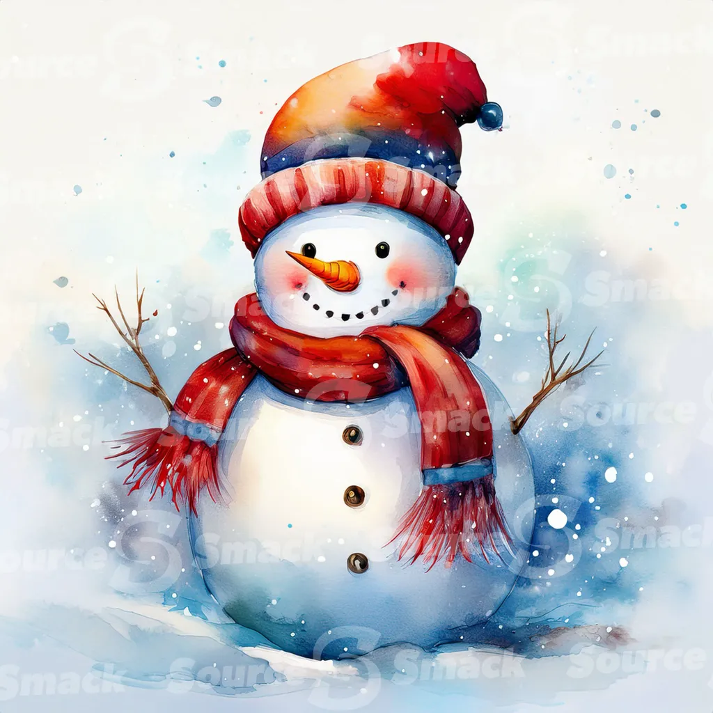 A painting of a cute snowman against stylized pine branches and delicate spots of watercolor paint that create a snowy background.