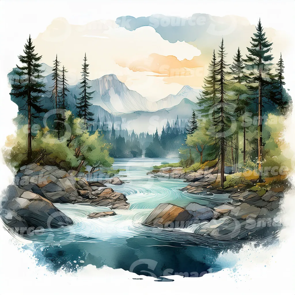 A serene watercolor painting depicts a meandering river flowing through a mountain valley at sunset, surrounded by lush evergreens and rocky banks