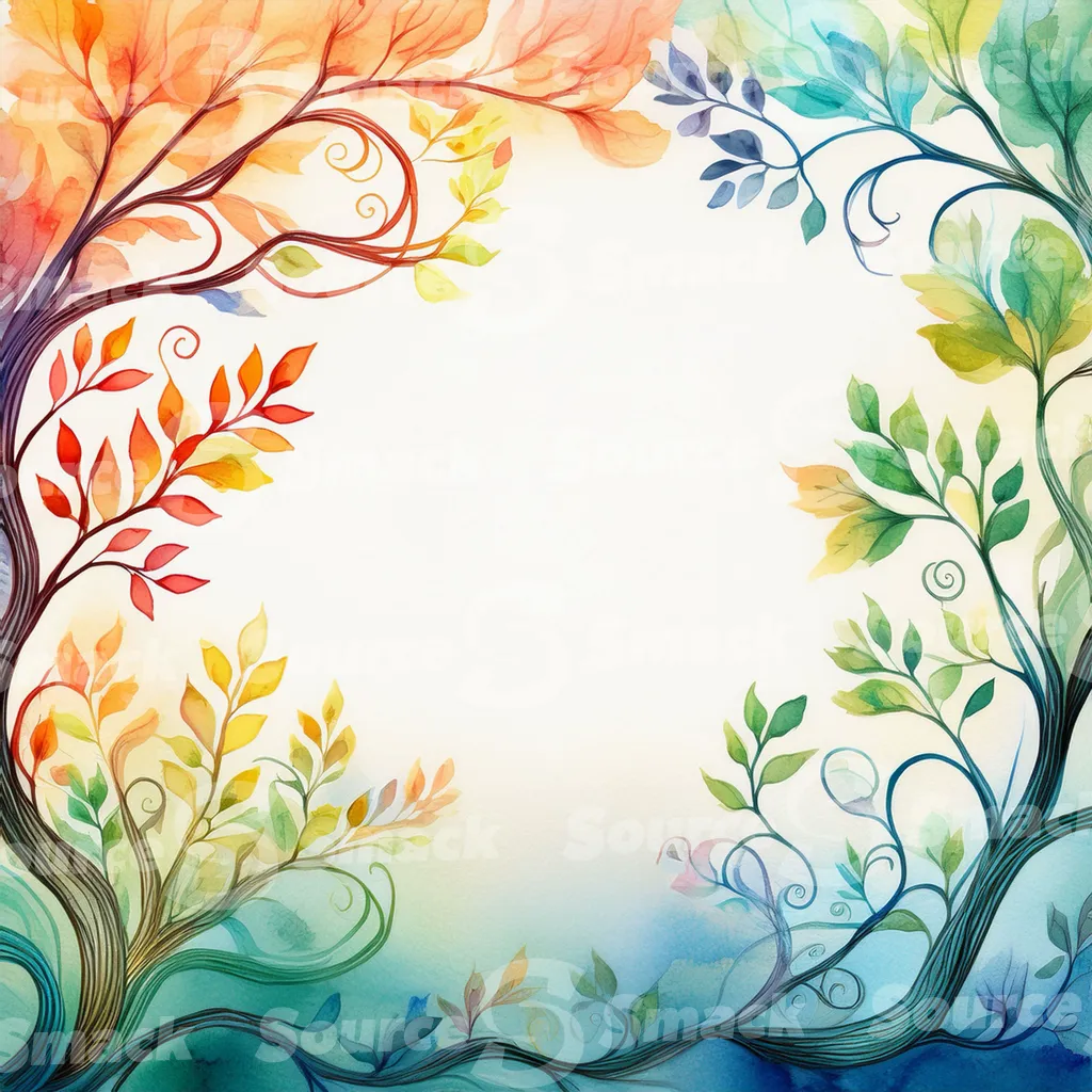 A watercolor-style illustration, featuring stylized tree branches and leaves in various shades of autumnal colors with copy space