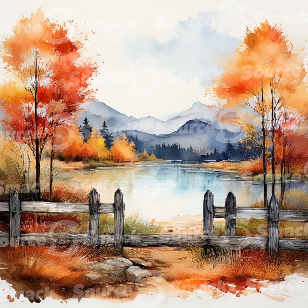 A serene watercolor painting depicts a tranquil autumnal lake scene nestled amidst colorful foliage and mountains, viewed from behind a rustic wooden fence with copy space