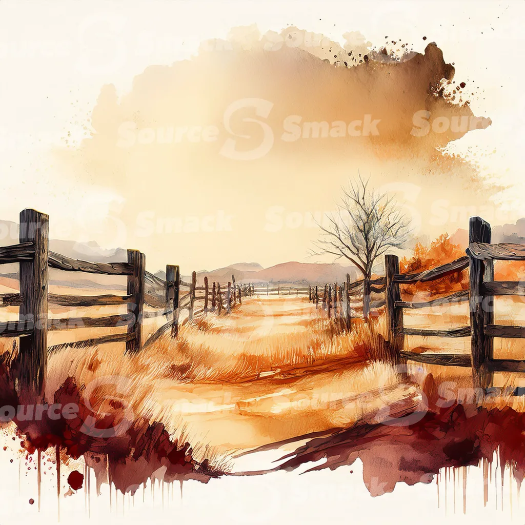A dirt path winds through a grassy field, bordered by a weathered wooden fence with dark brown posts and horizontal planks with copy space