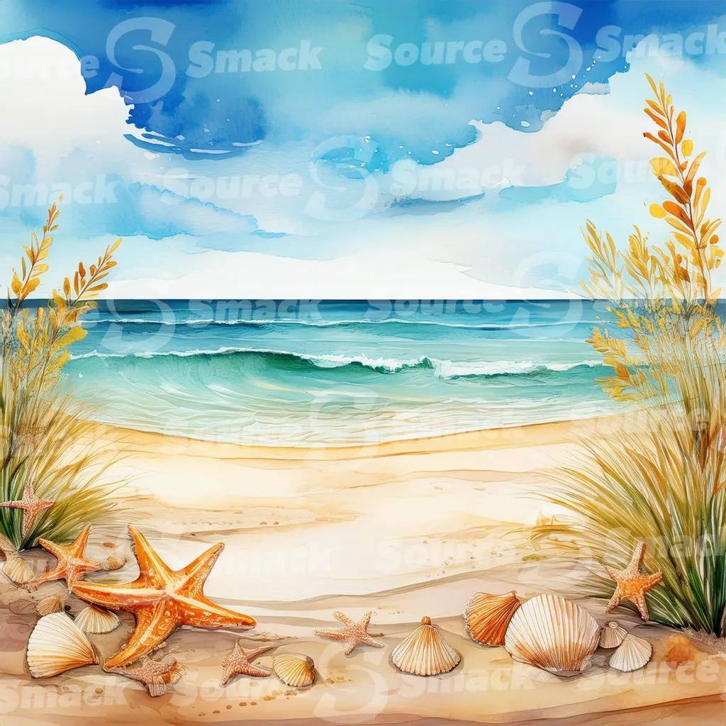 Tropical beach with waves, star fish and sea shells with copy space
