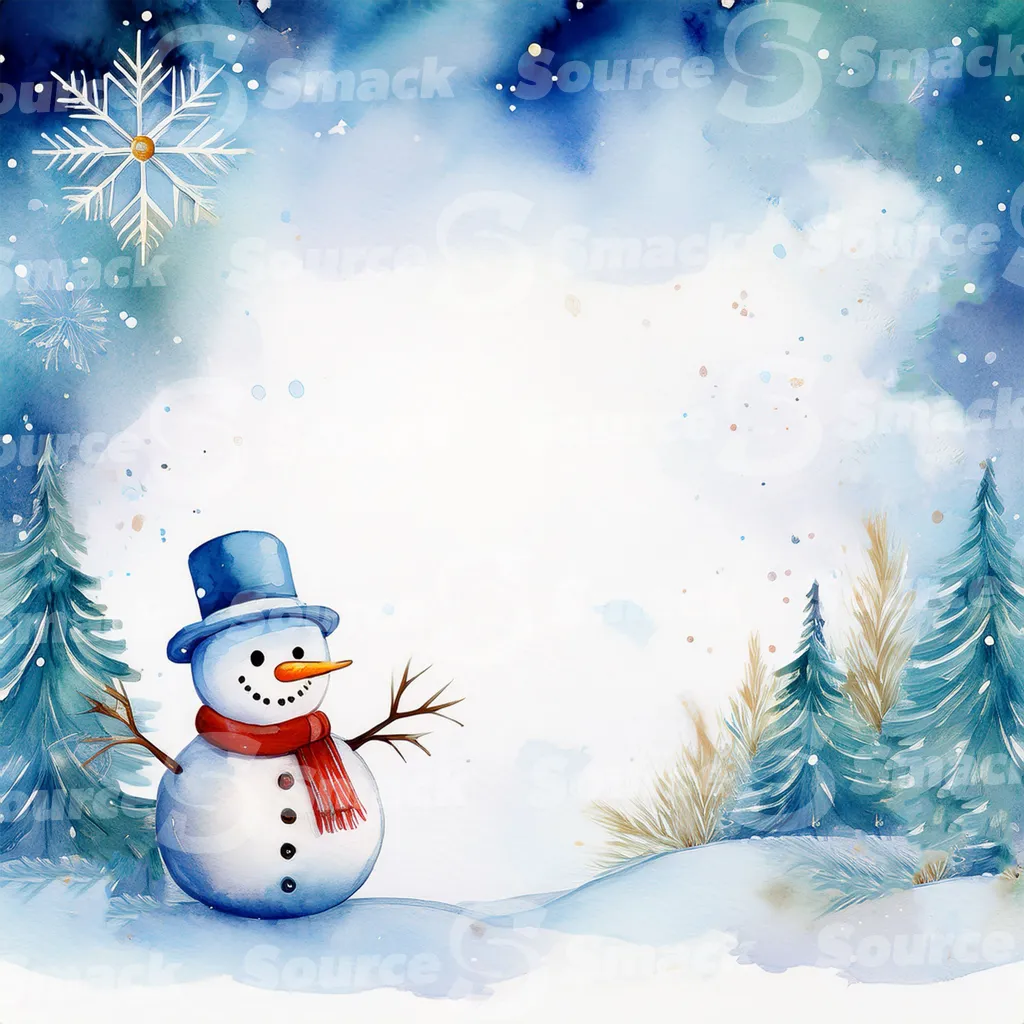 A watercolor painting depicting a cute snowman in winter scene with an assortment of seasonal elements with copy space
