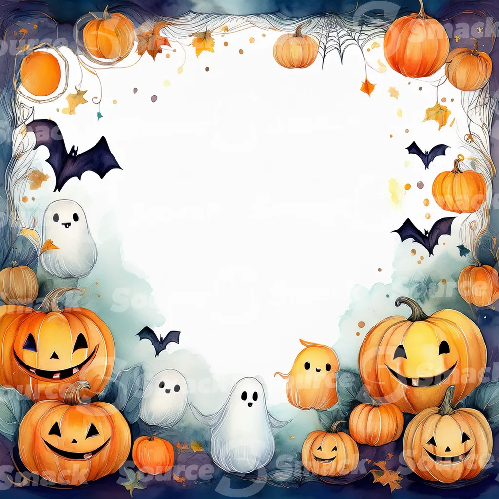 Halloween-themed illustration featuring smiling jack-o'-lanterns, friendly ghosts, and bats with copy space.