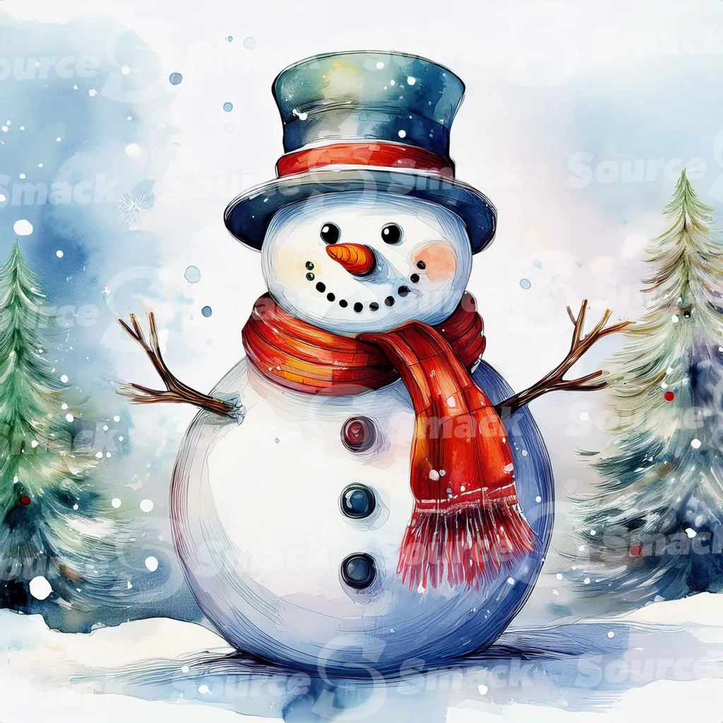 A painting of a cute snowman against stylized pine branches and delicate spots of watercolor paint that create a snowy background.
