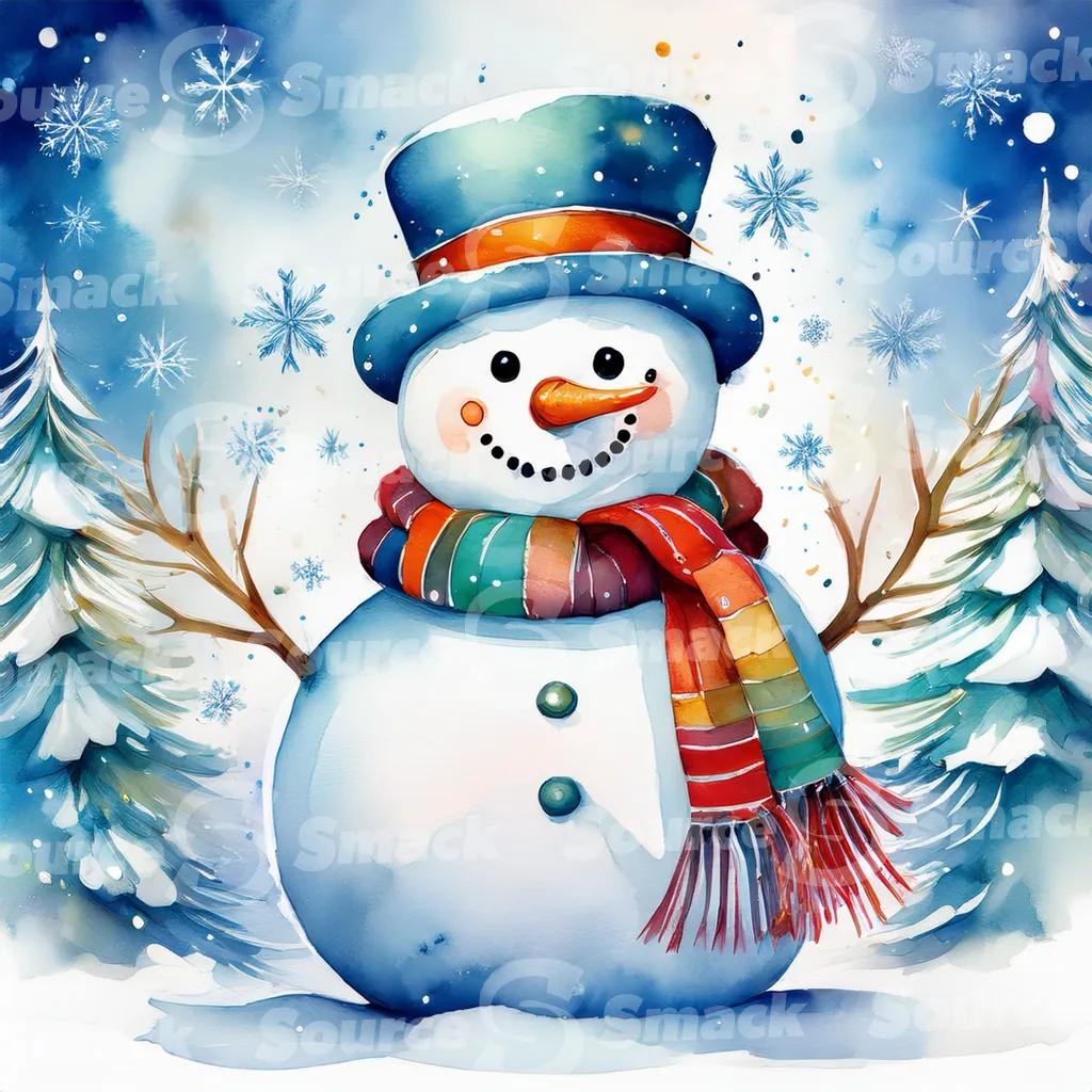 A painting of a cute snowman against stylized pine branches and delicate spots of watercolor paint that create a snowy background.