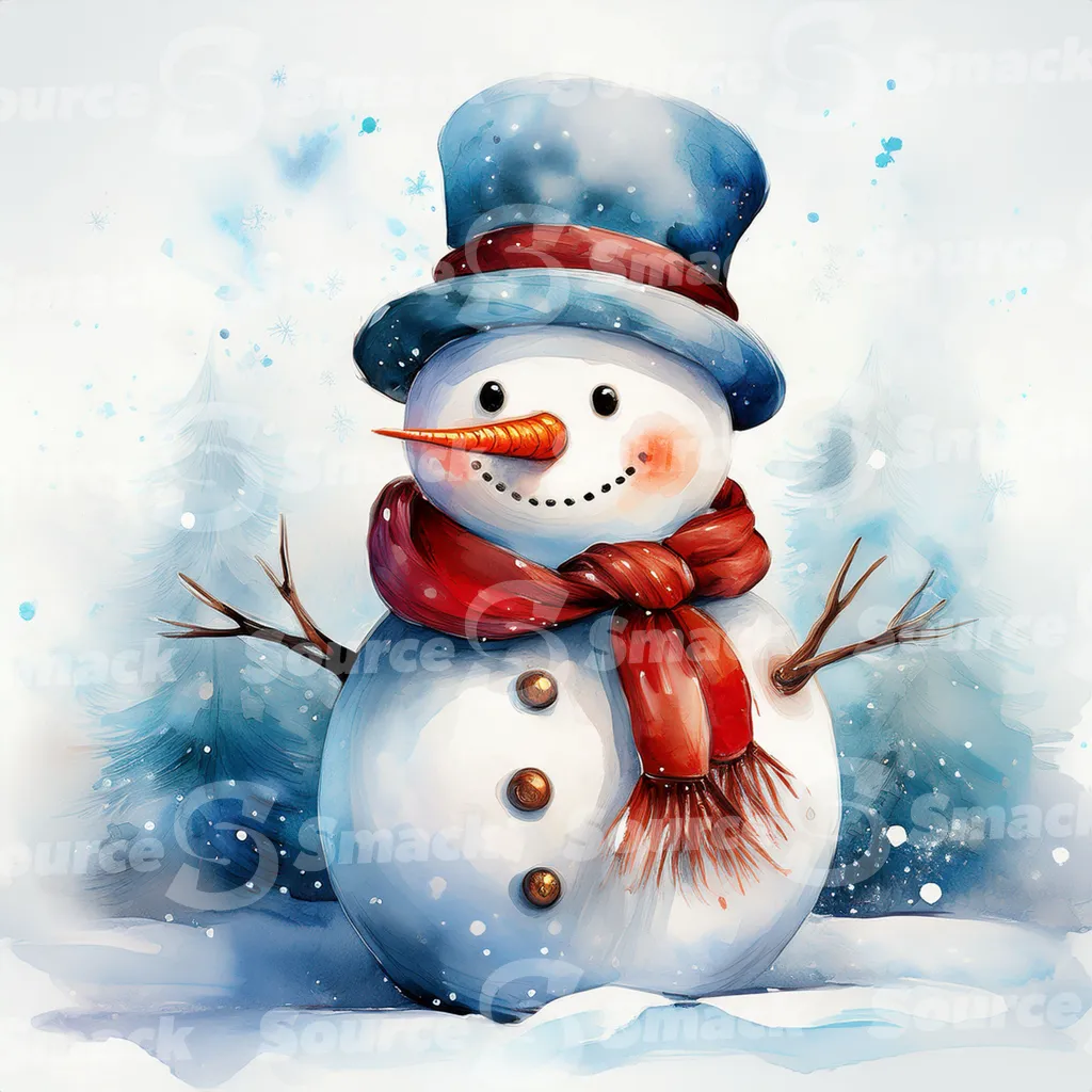 A painting of a cute snowman against stylized pine branches and delicate spots of watercolor paint that create a snowy background.