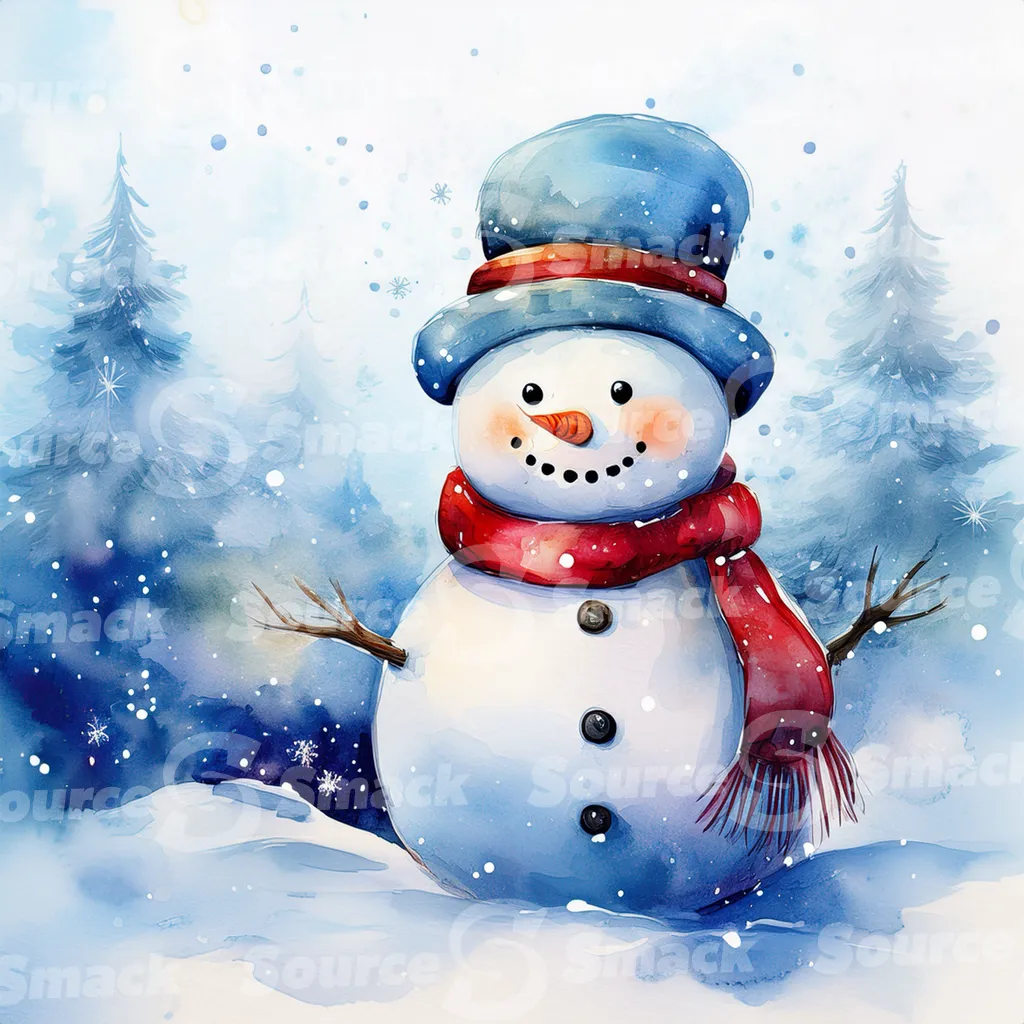 A painting of a cute snowman against stylized pine branches and delicate spots of watercolor paint that create a snowy background.