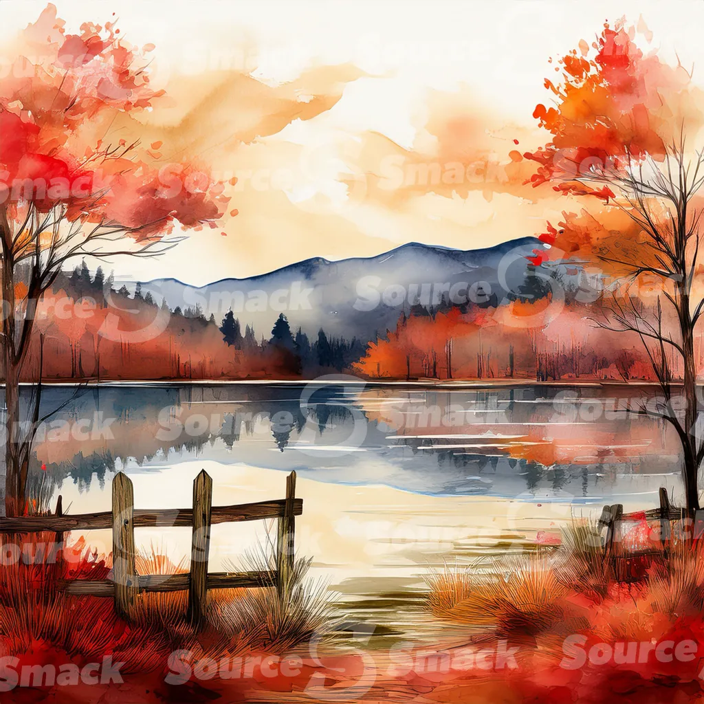A serene watercolor painting depicts a tranquil autumnal lake scene nestled amidst colorful foliage and mountains, viewed from behind a rustic wooden fence with copy space