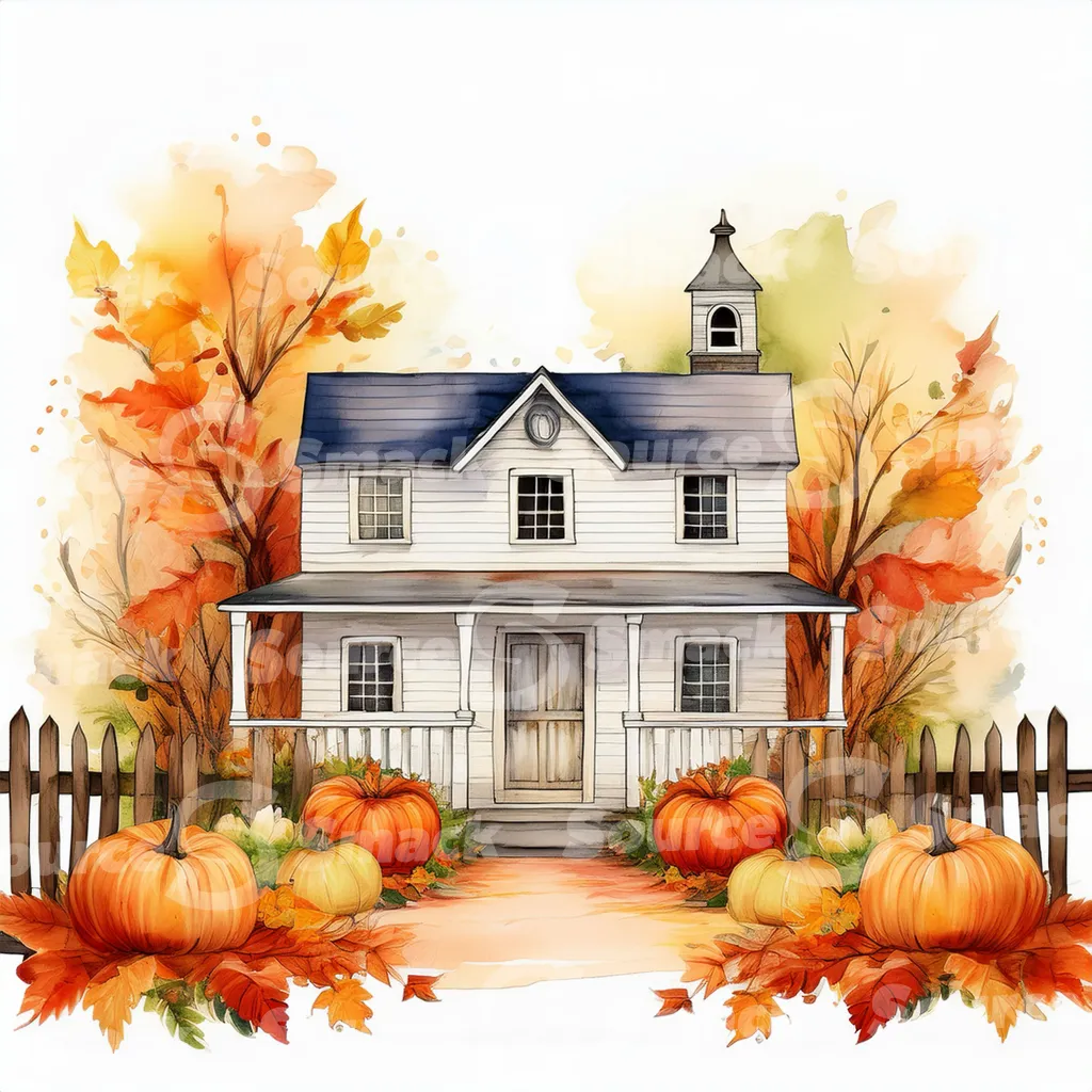 Farm house in autumn with pumpkins in front