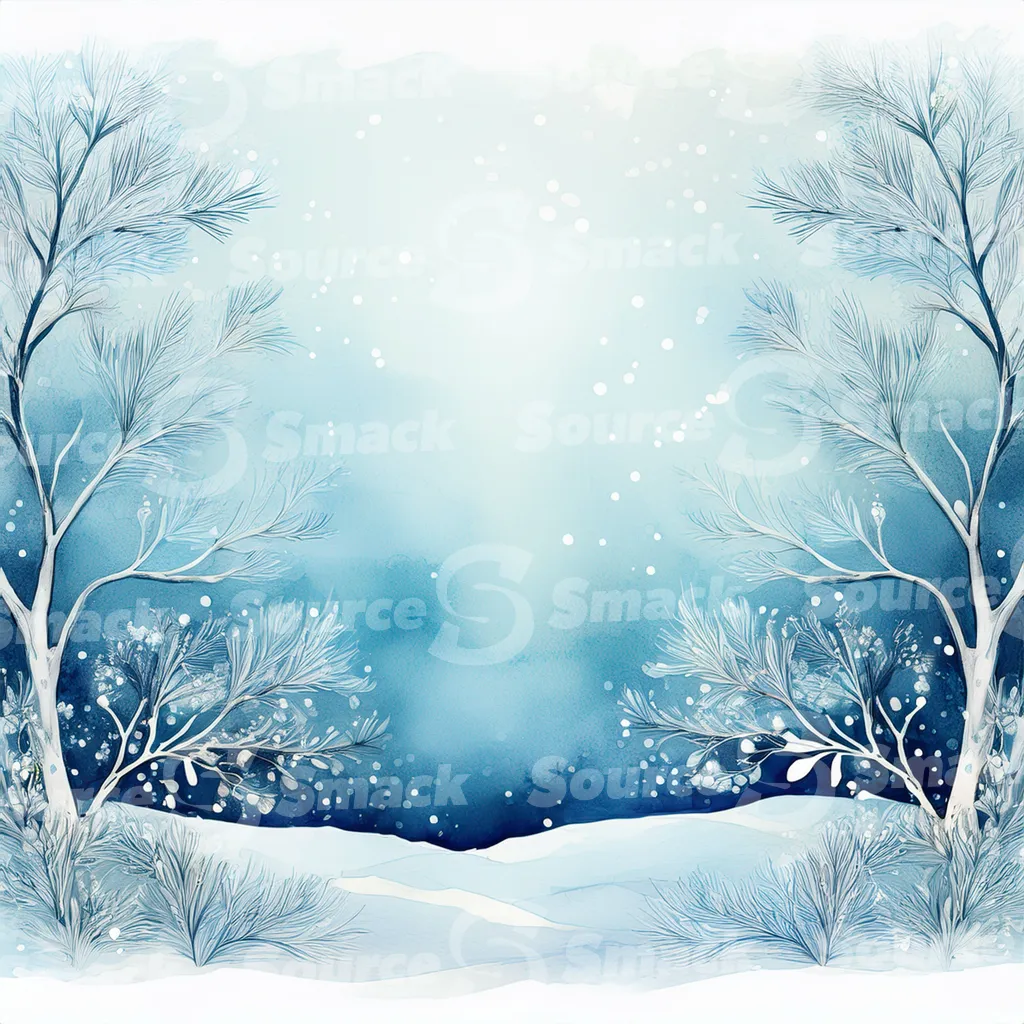 A winter forest scene of snow. Small, frosted bushes and branches are scattered across the snow with copy space.