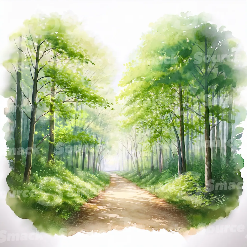 A watercolor painting depicts a pathway winding through a lush forest.