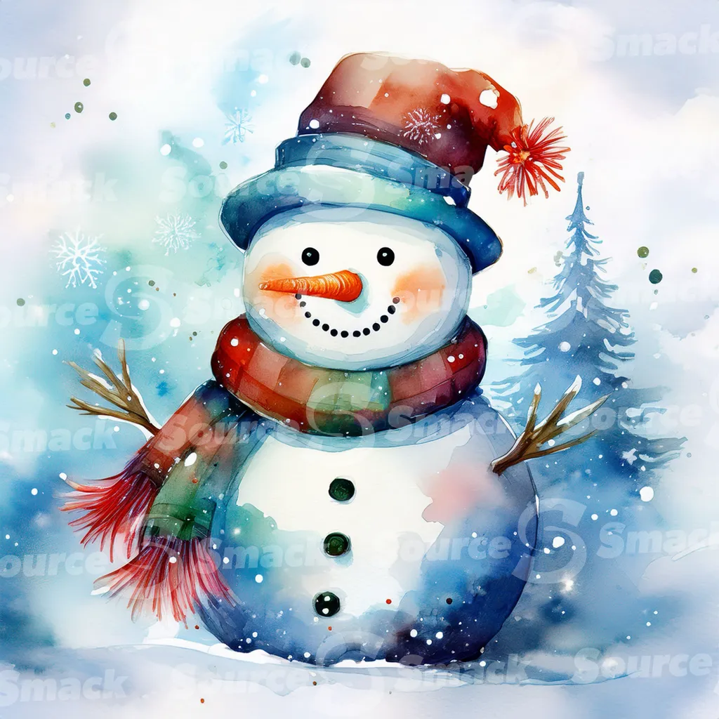 A painting of a cute snowman against stylized pine branches and delicate spots of watercolor paint that create a snowy background.