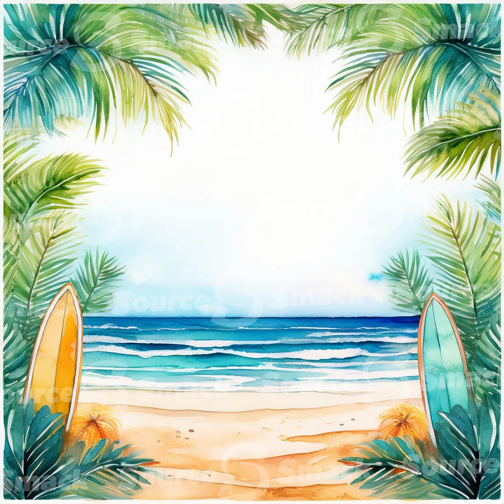 Tropical beach with waves, surf boards and palm trees with copy space