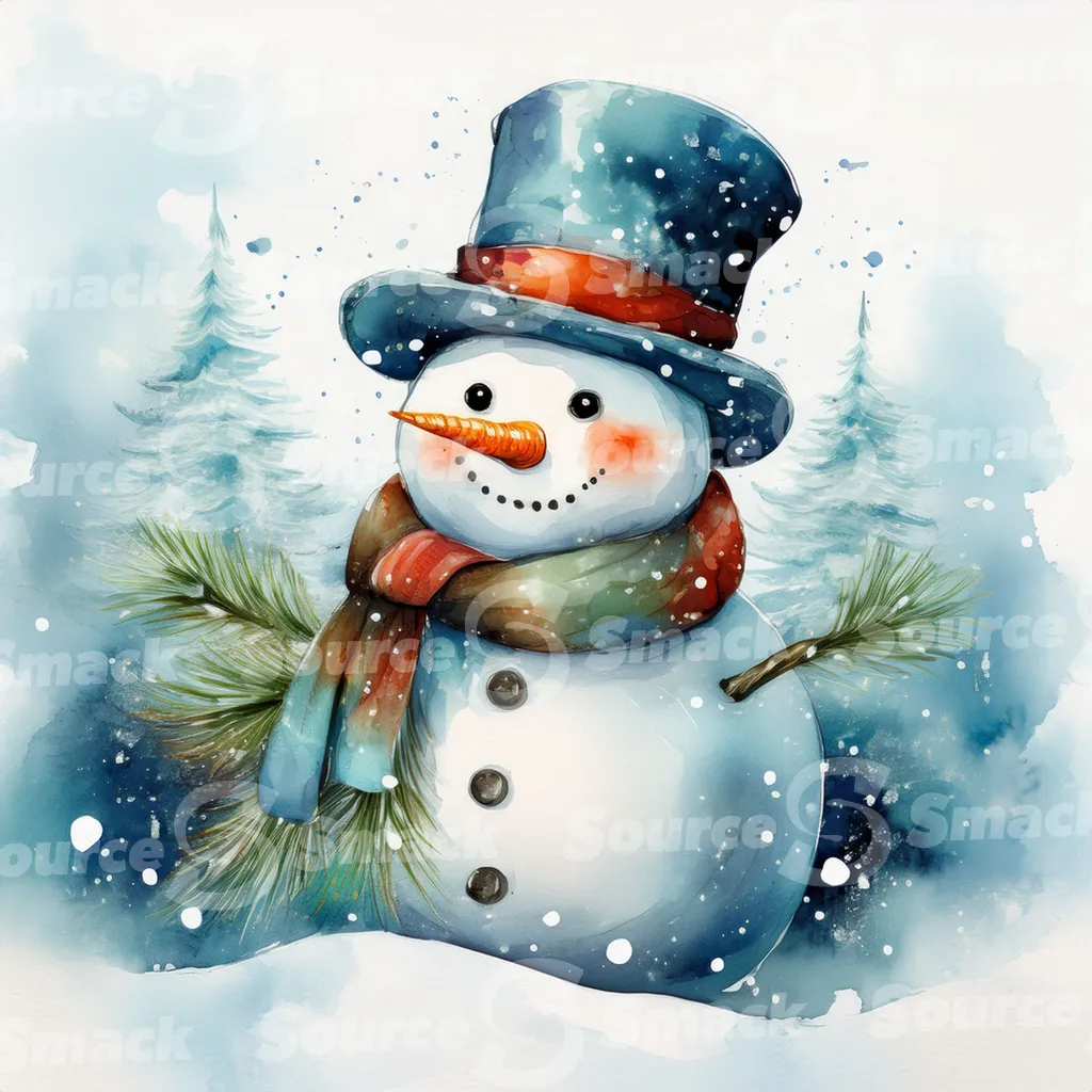 A painting of a cute snowman against stylized pine branches and delicate spots of watercolor paint that create a snowy background.