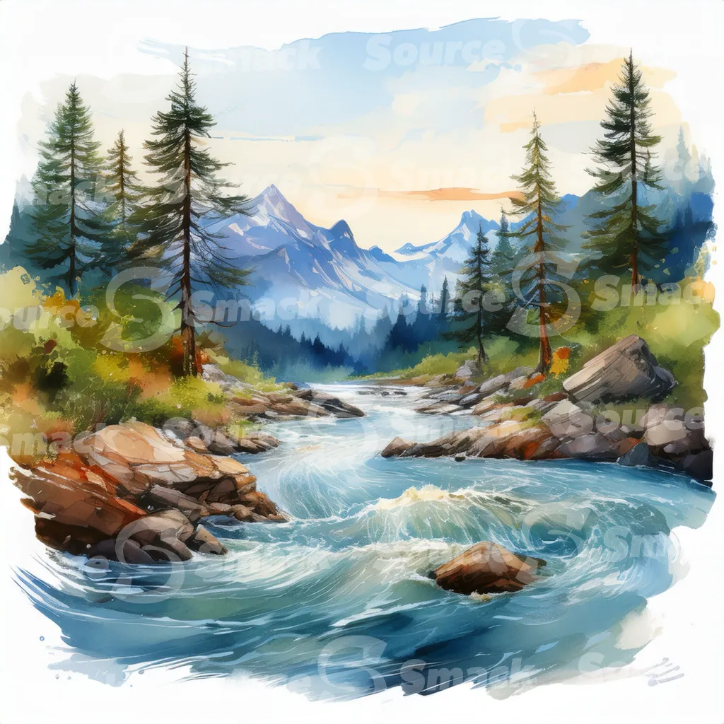 A serene watercolor painting depicts a meandering river flowing through a mountain valley at sunset, surrounded by lush evergreens and rocky banks
