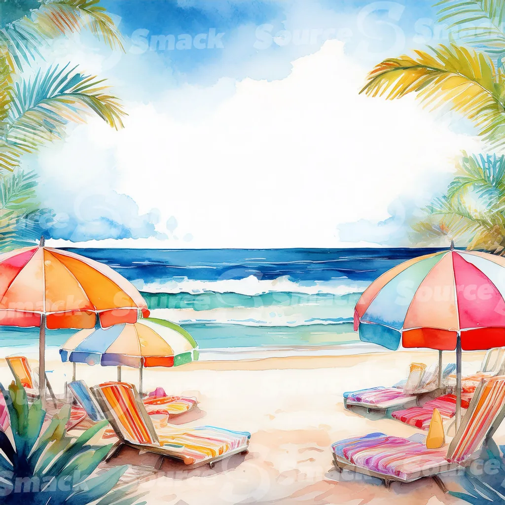 Tropical beach with waves, palm trees and beach umbrellas with copy space