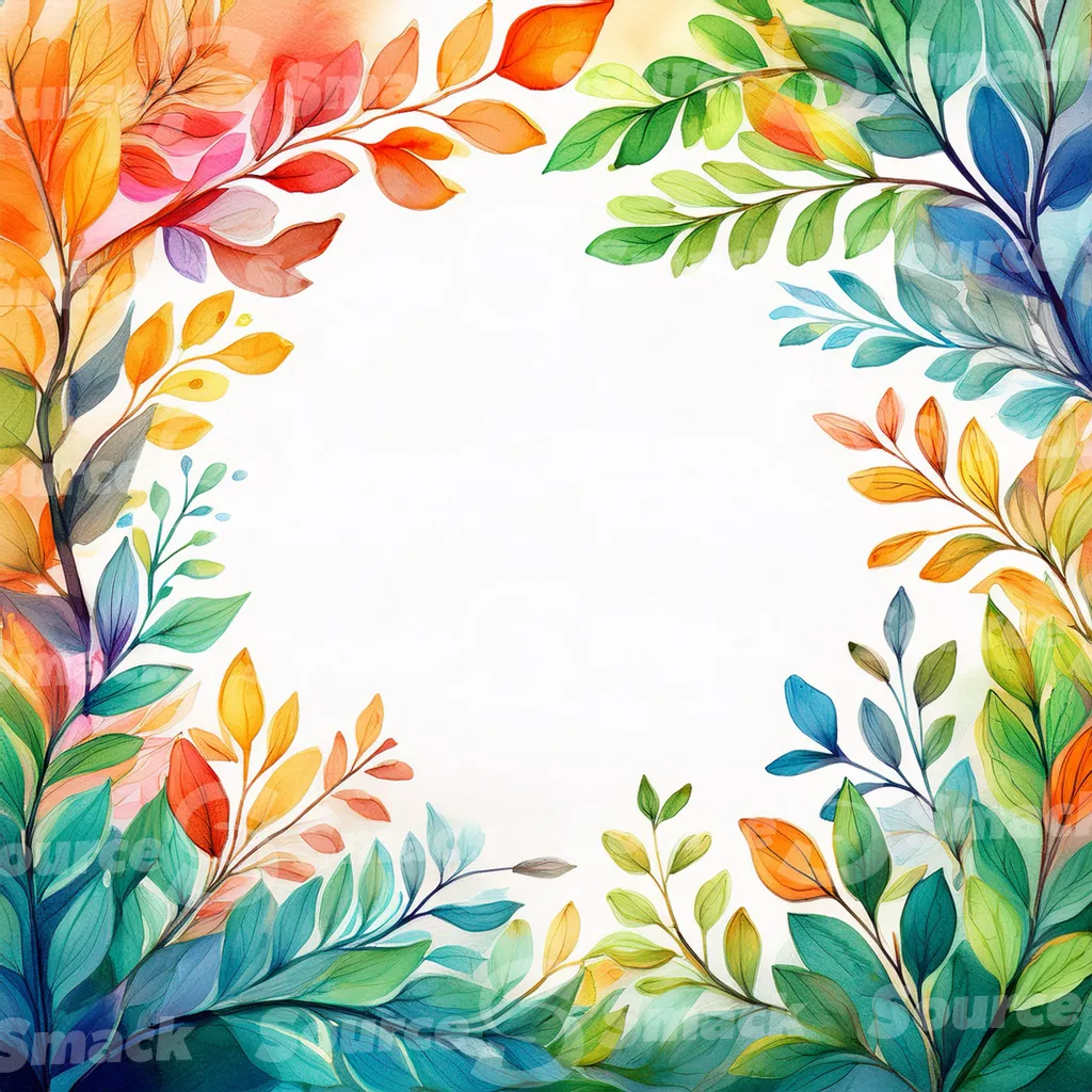 A watercolor-style illustration, featuring stylized tree branches and leaves in various shades of autumnal colors with copy space