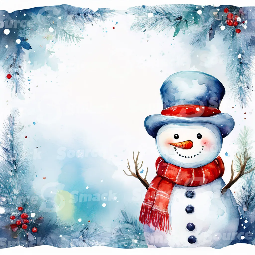 A watercolor painting depicting a cute snowman in winter scene with an assortment of seasonal elements with copy space