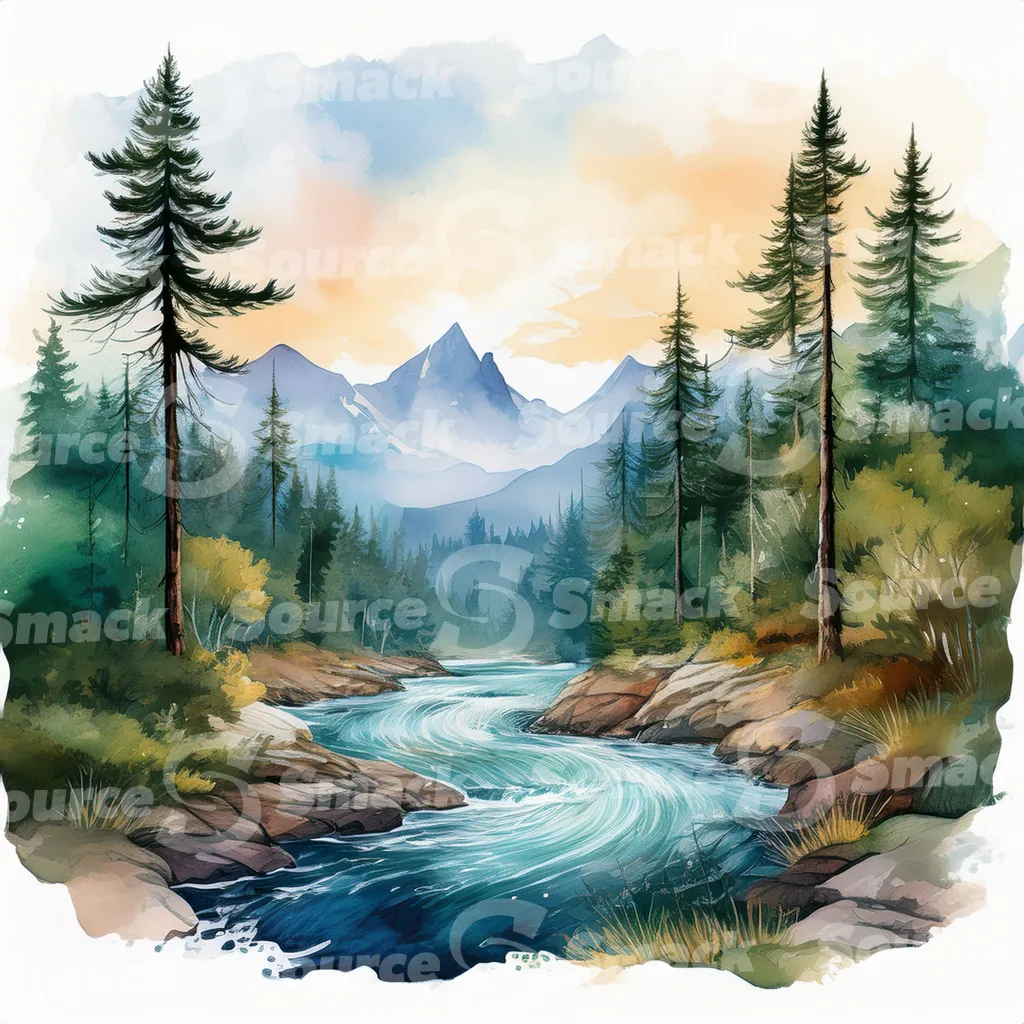 A serene watercolor painting depicts a meandering river flowing through a mountain valley at sunset, surrounded by lush evergreens and rocky banks