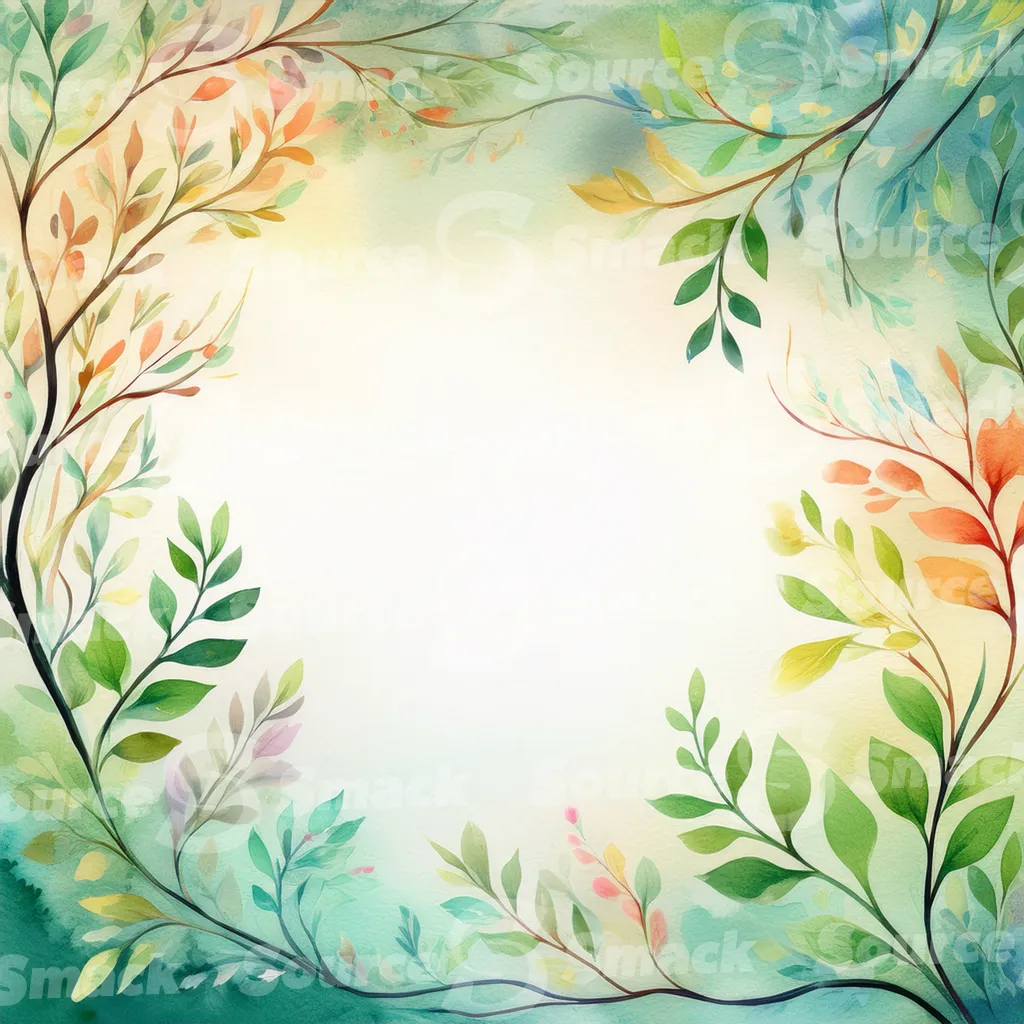 A watercolor-style illustration, featuring stylized tree branches and leaves in various shades of autumnal colors with copy space