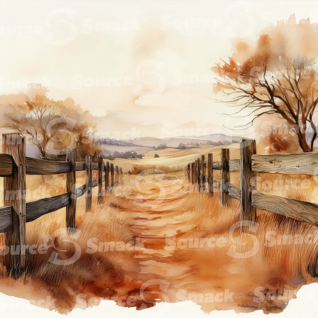 A dirt path winds through a grassy field, bordered by a weathered wooden fence with dark brown posts and horizontal planks with copy space