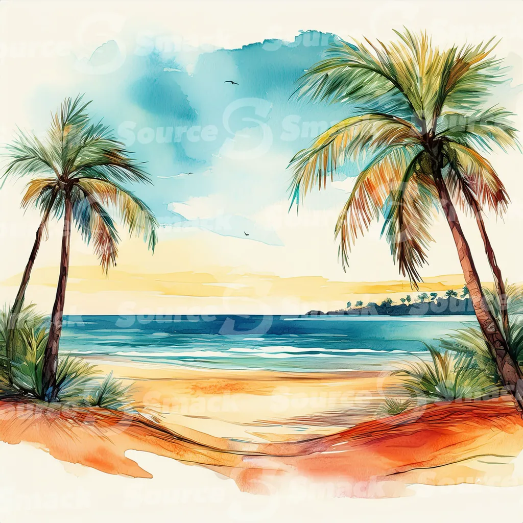 Tropical beach with waves and palm trees with copy space