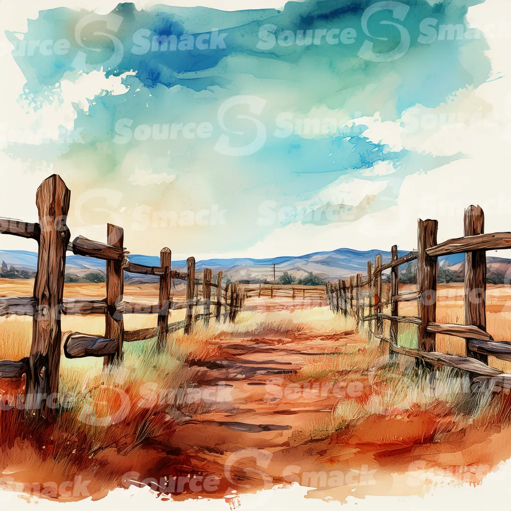 A dirt path winds through a grassy field, bordered by a weathered wooden fence with dark brown posts and horizontal planks with copy space