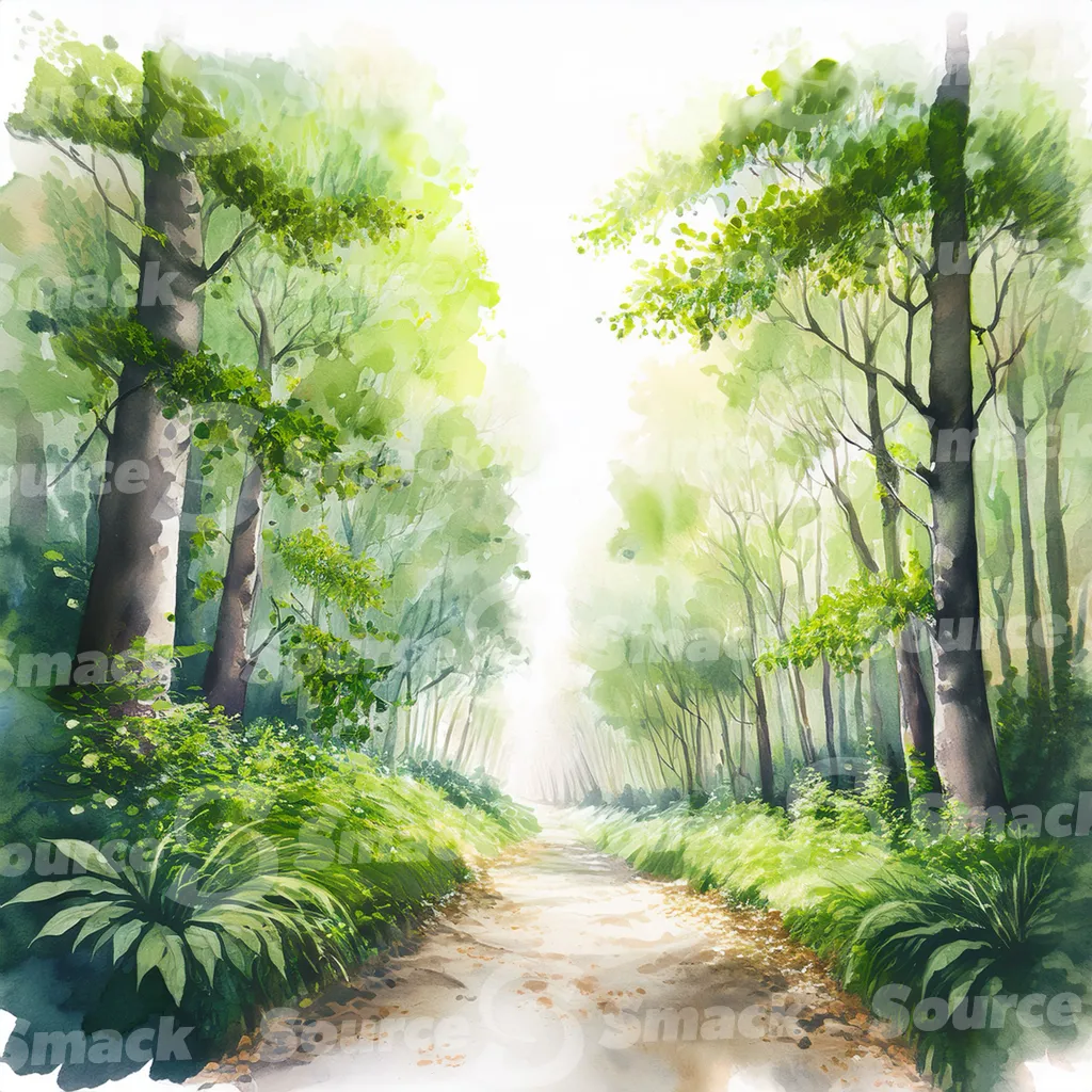 A watercolor painting depicts a pathway winding through a lush forest.