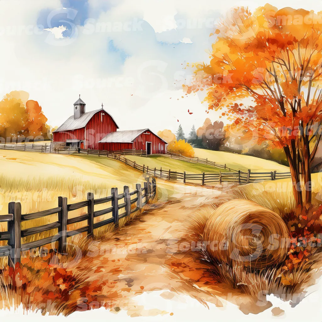 Barn in autumn with a hay bale and a winding dirt road