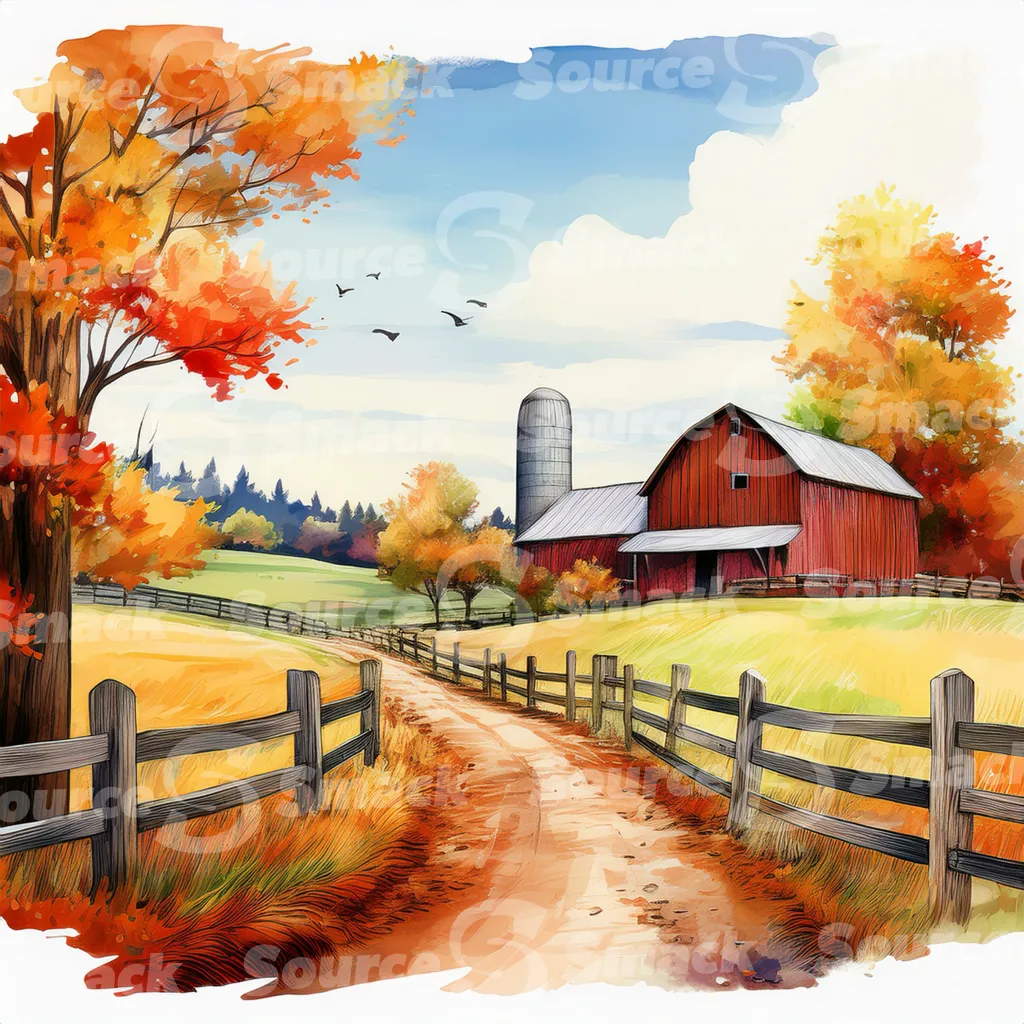 Rustic barn in autumn with a winding dirt road