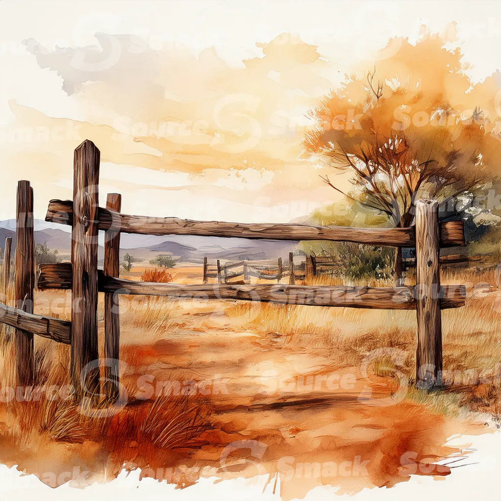 A dirt path winds through a grassy field, bordered by a weathered wooden fence with dark brown posts and horizontal planks with copy space