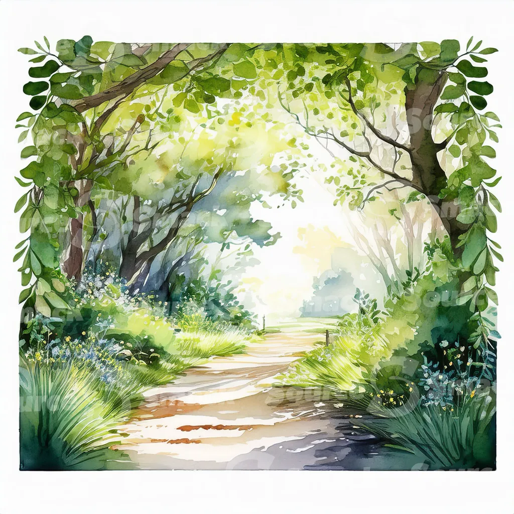 A watercolor painting depicts a pathway winding through a lush forest.