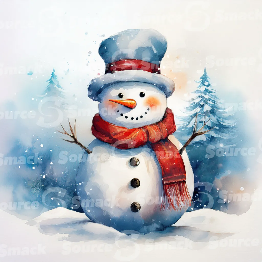A painting of a cute snowman against stylized pine branches and delicate spots of watercolor paint that create a snowy background.
