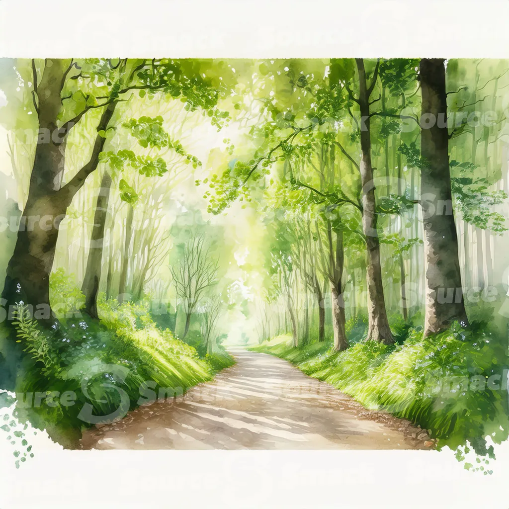 A watercolor painting depicts a pathway winding through a lush forest.